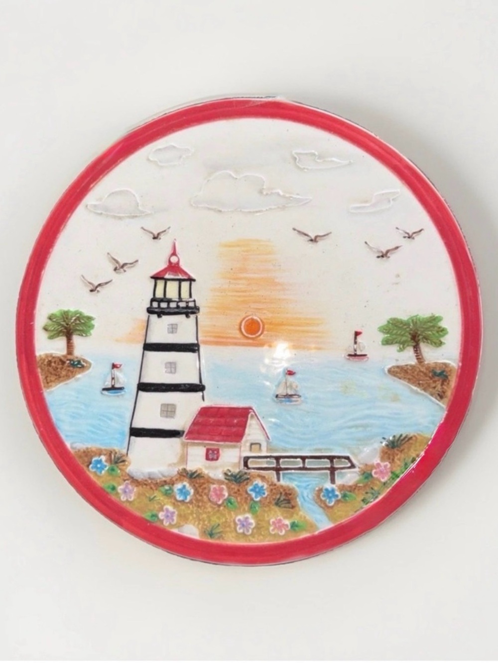 Lighthouse Coastal Decorative Plate 8" Hand Painted Stamped KK